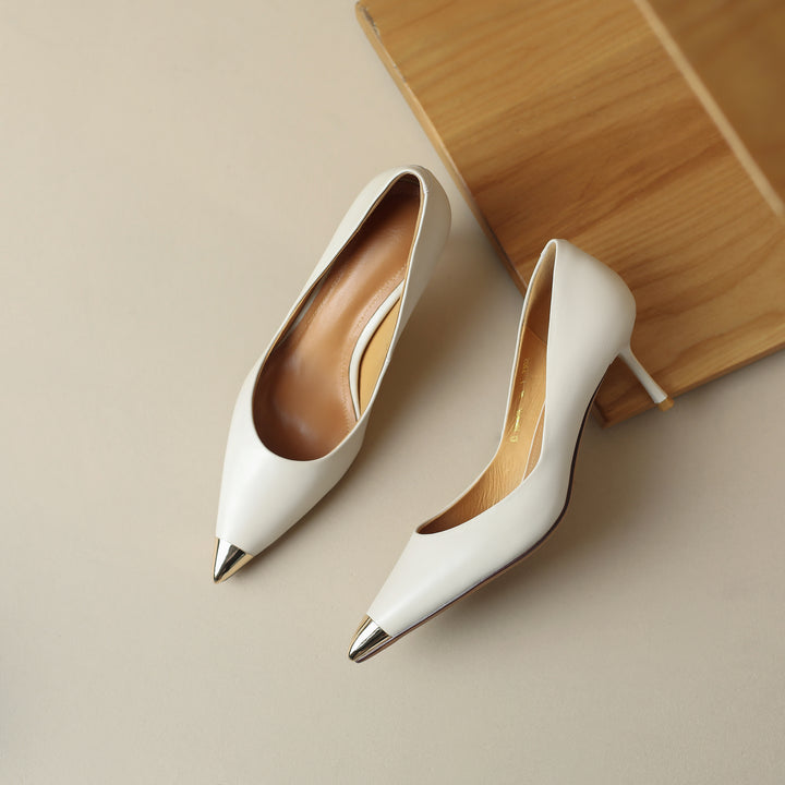 Womens Gold Metal Pointed Toe Leather Heels Stiletto Pumps