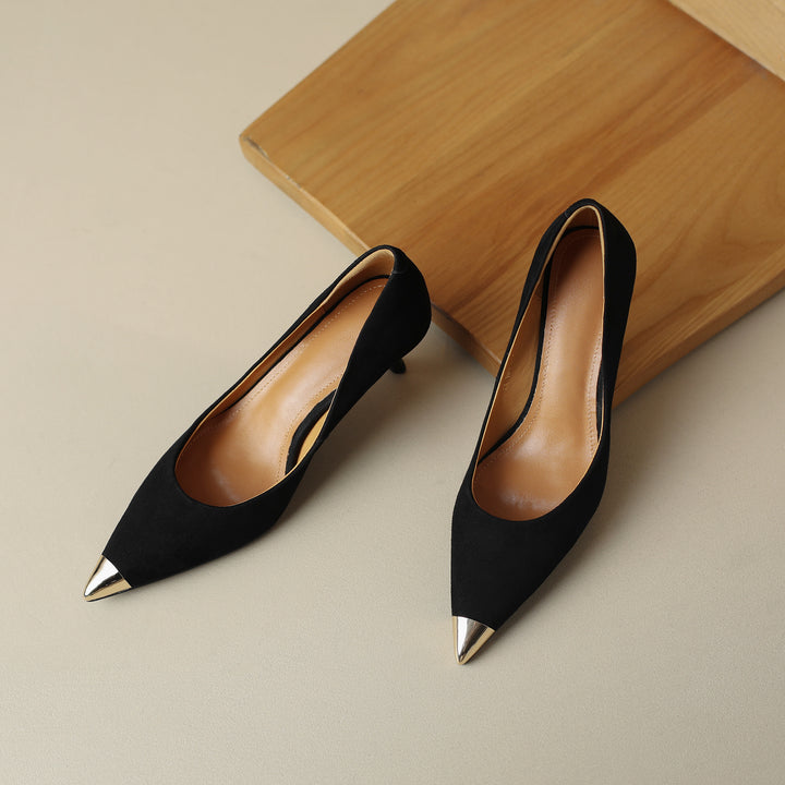 Womens Gold Metal Pointed Toe Leather Heels Stiletto Pumps