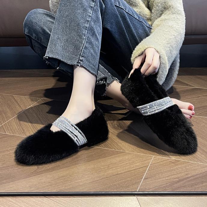 Soft Rabbit Fur Winter Rhinestone Buckle Flat Shoes