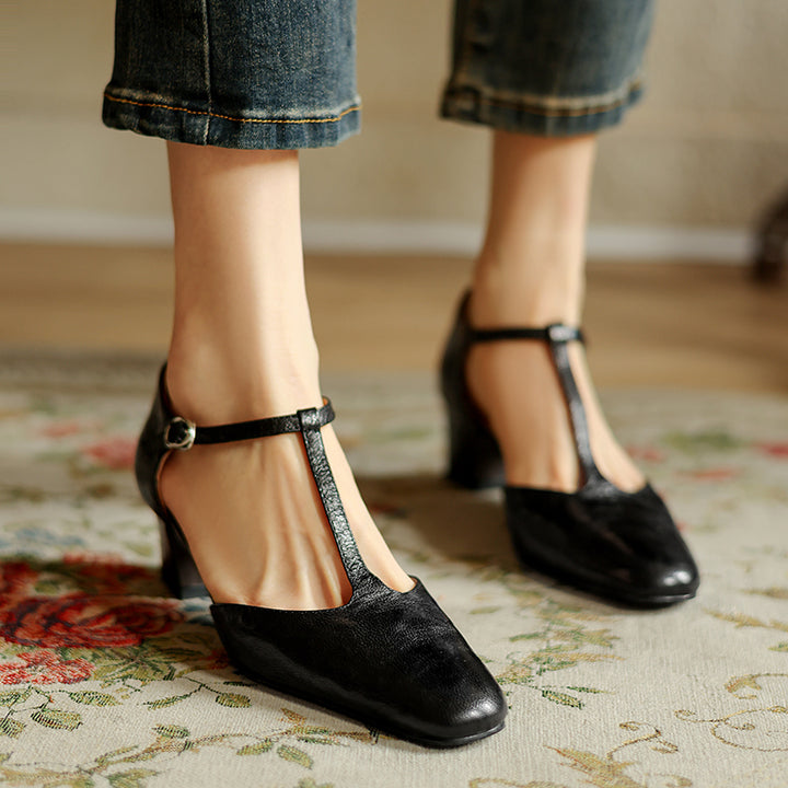 Pointy Toe Block Heels Leather T-Strap Mary Jane Shoes