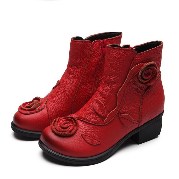 Womens Hand Sewn Floral Chunky Heel Leather Boots