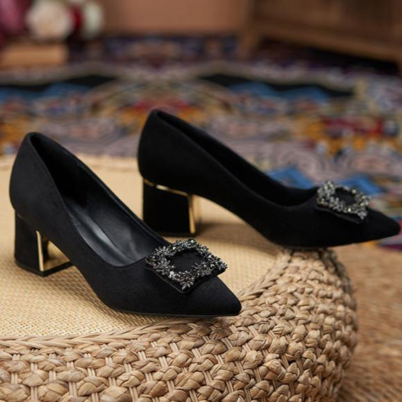 Women Suede Metal Buckle Pump Block Heel Pointed Toe Mid Heels