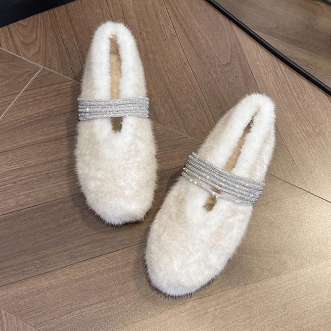 Soft Rabbit Fur Winter Rhinestone Buckle Flat Shoes