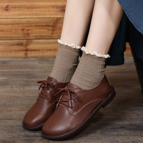 Leather Casual Loafers Lace Up Flats Shoes For Women