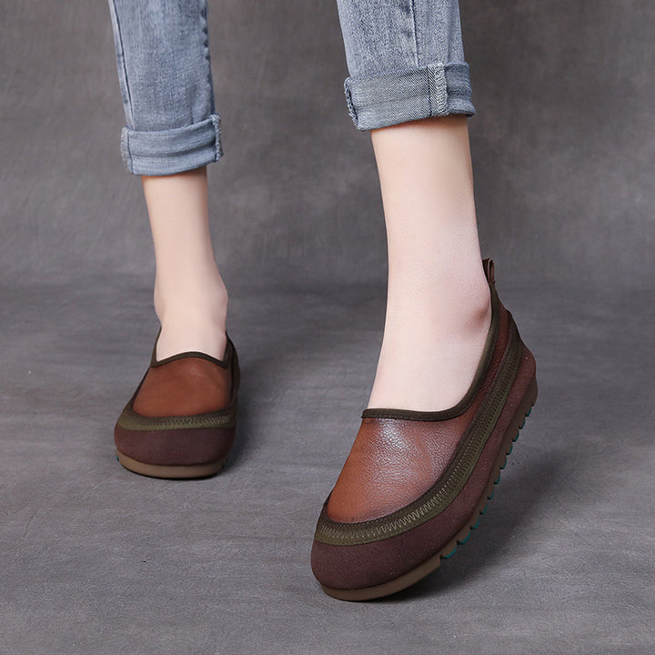 Handmade Colorblocking Cowhide Mori Style Loafers Flat Women's Shoes