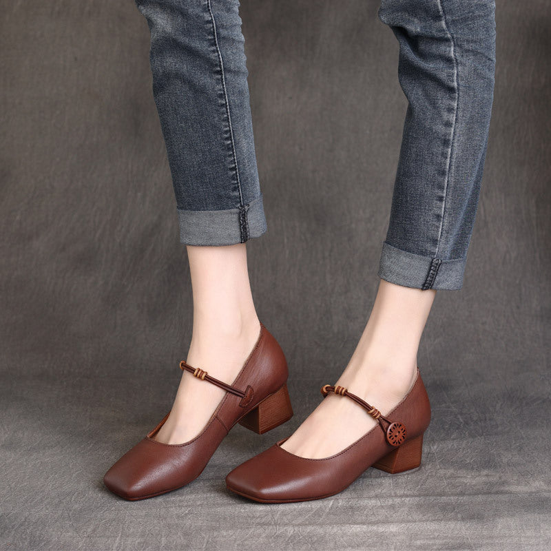 Womens Square Toe Cowhide Leather Chunky Heeled Pumps