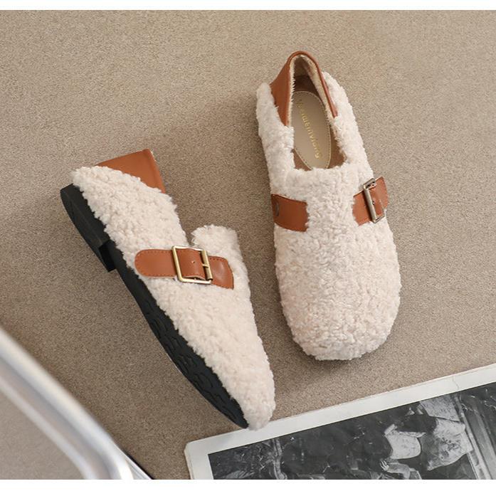 Women Faux-Fur Loafers Warm Winter Fleece Flat Metal Buckles Casual Shoes