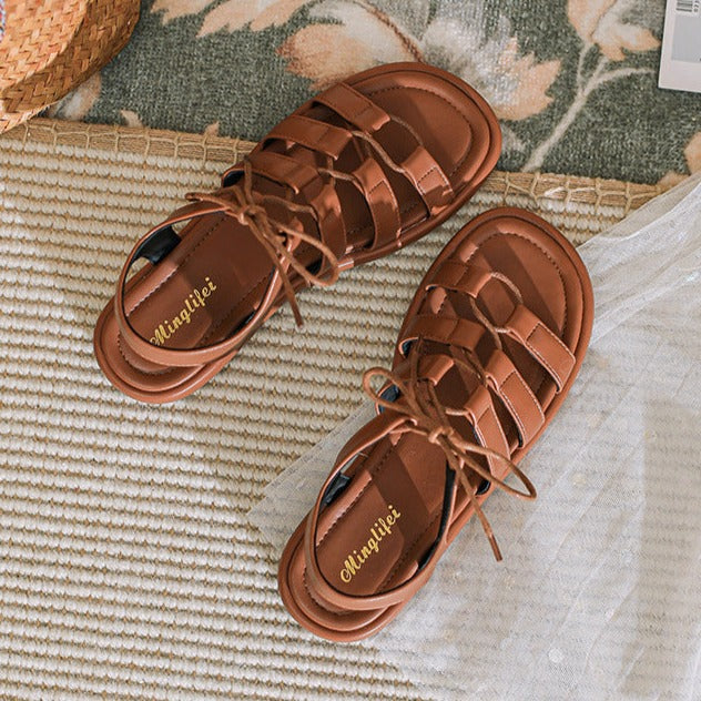 Women's Open Toe Lace Up Flats Sandals Summer Shoes