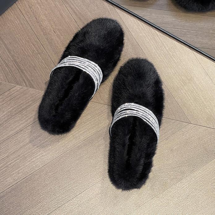 Soft Rabbit Fur Winter Rhinestone Buckle Flat Shoes