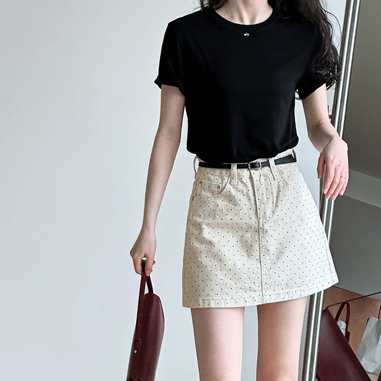 Denim Skirt High Waist Polka Dot Short A-line Skirt for Women