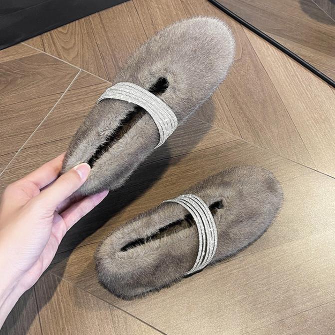 Soft Rabbit Fur Winter Rhinestone Buckle Flat Shoes