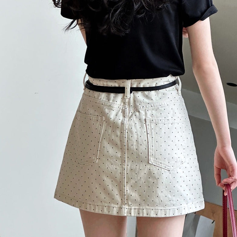 Denim Skirt High Waist Polka Dot Short A-line Skirt for Women