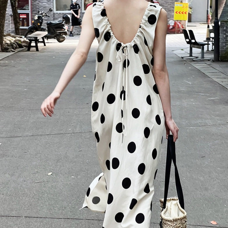 Linen Backless Drawstring Polka Dot Dress Sleeveless Long Dress