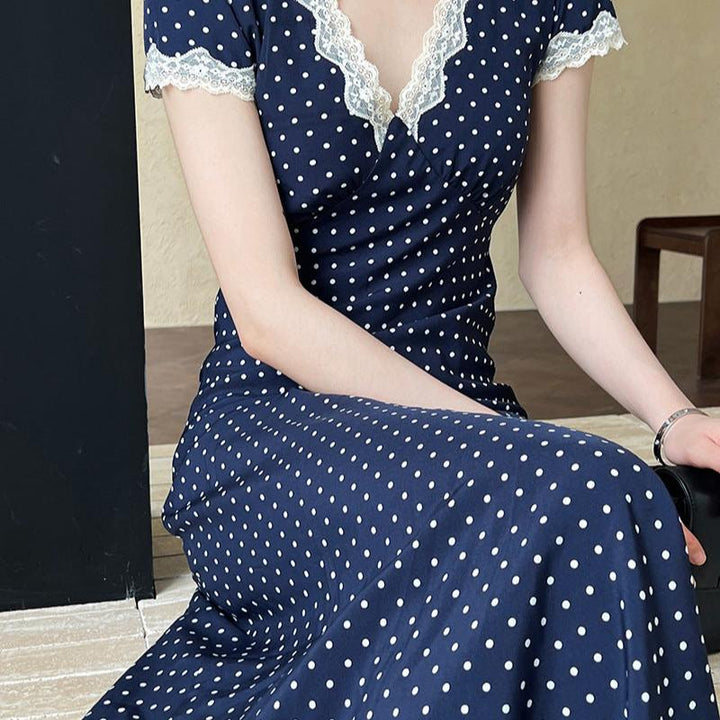 French Polka Dot Lace Long Dress