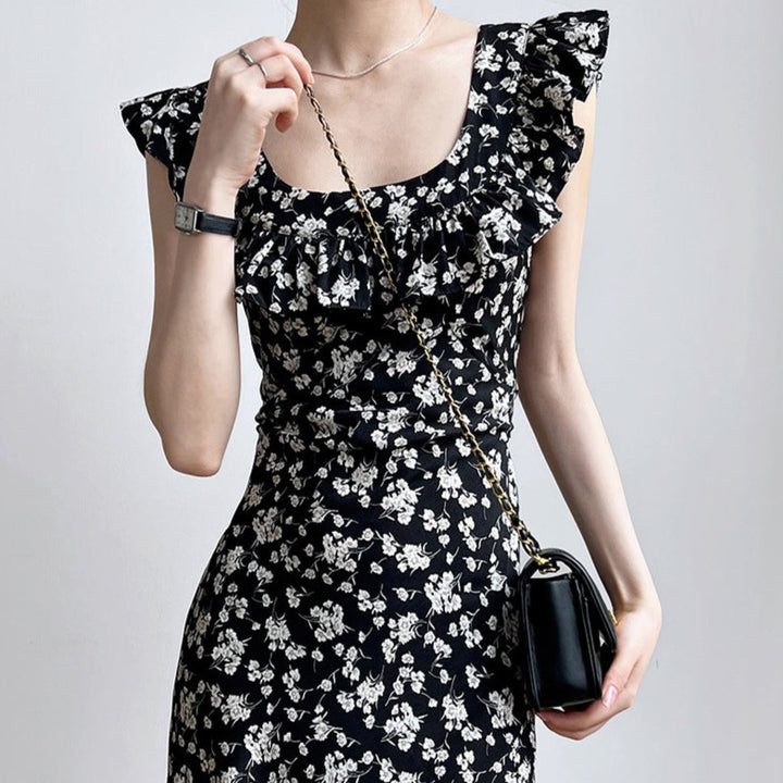 Square Neck Ruffle Floral Dress Hepburn Style Maxi Dresses