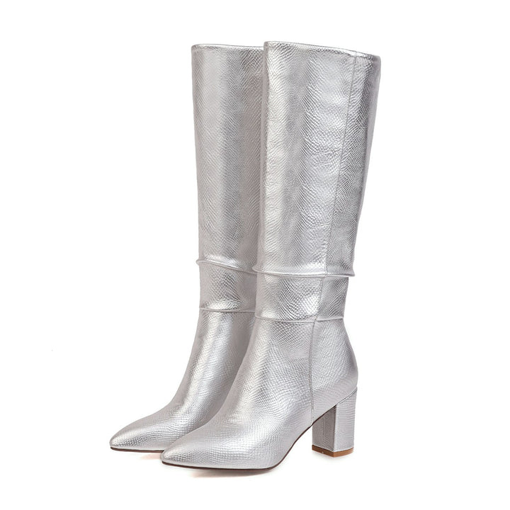 Women's Metallic Faux Leather Knee-High Pointed-Toe Boots