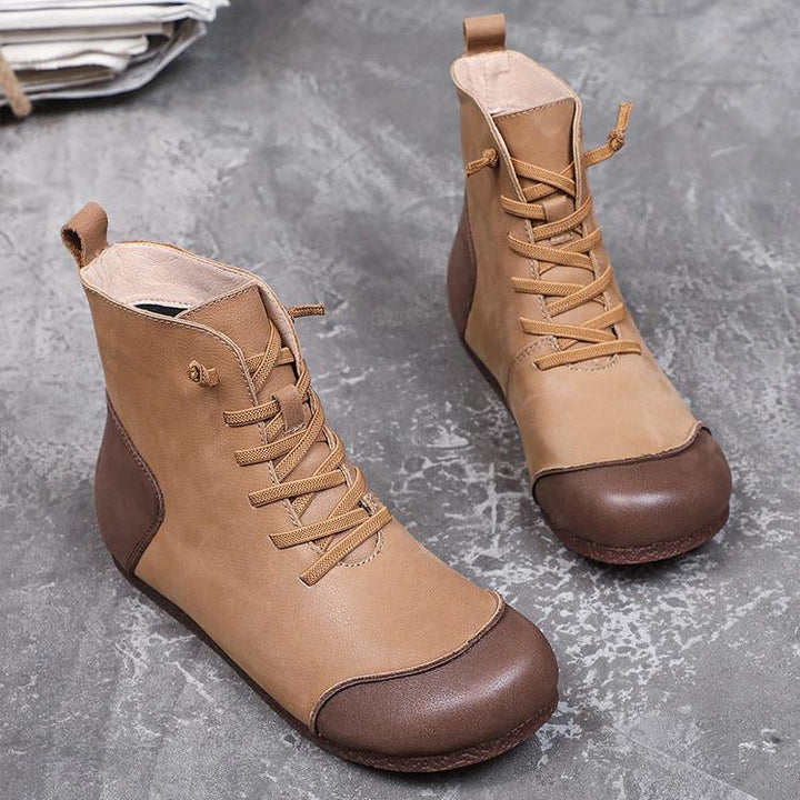 Womens Handmade Retro Color Matching Leather Flat Boots