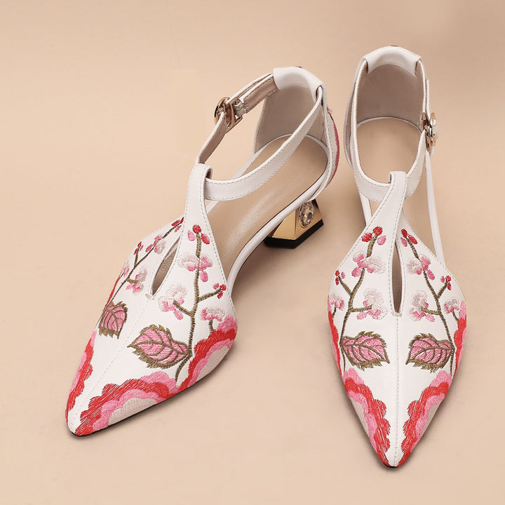 Women's T-strap Retro Pointed Toe Genuine Leather Embroidery Sandal Pumps