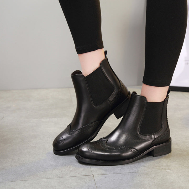 Women's Black Leather Ankle Boots Vintage Brogues Chelsea Boots