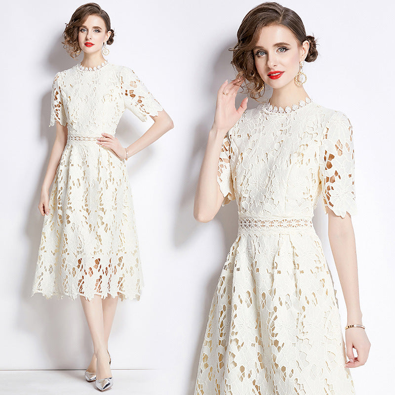 Short Sleeve Round Neck Slimming Mid Length A-line Hollow Lace Dress