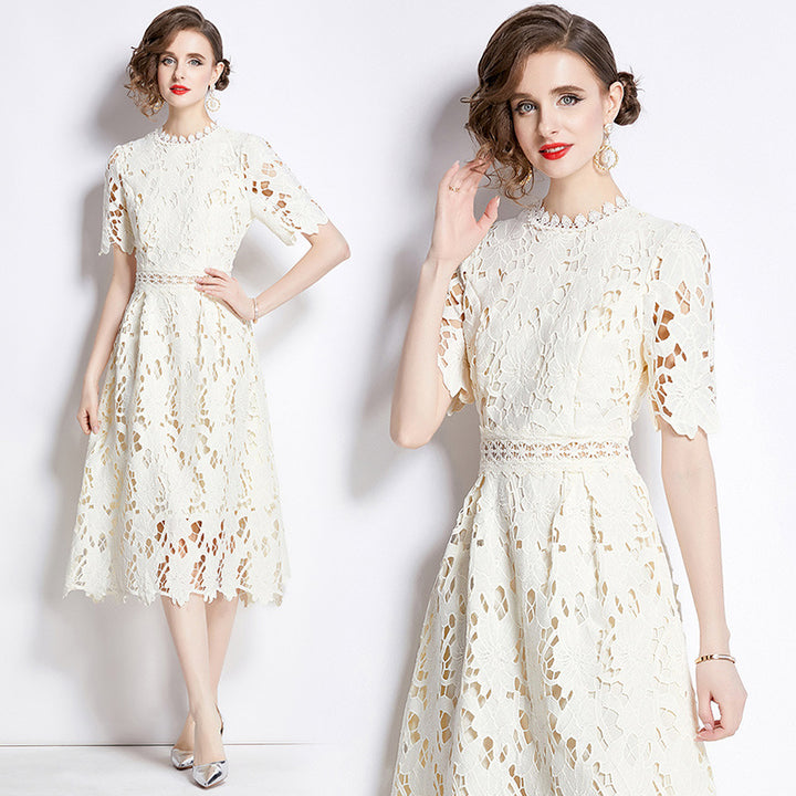 Short Sleeve Round Neck Slimming Mid Length A-line Hollow Lace Dress