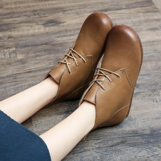 Women Vintage Autumn Soft Leather Lace-up Flat Boots