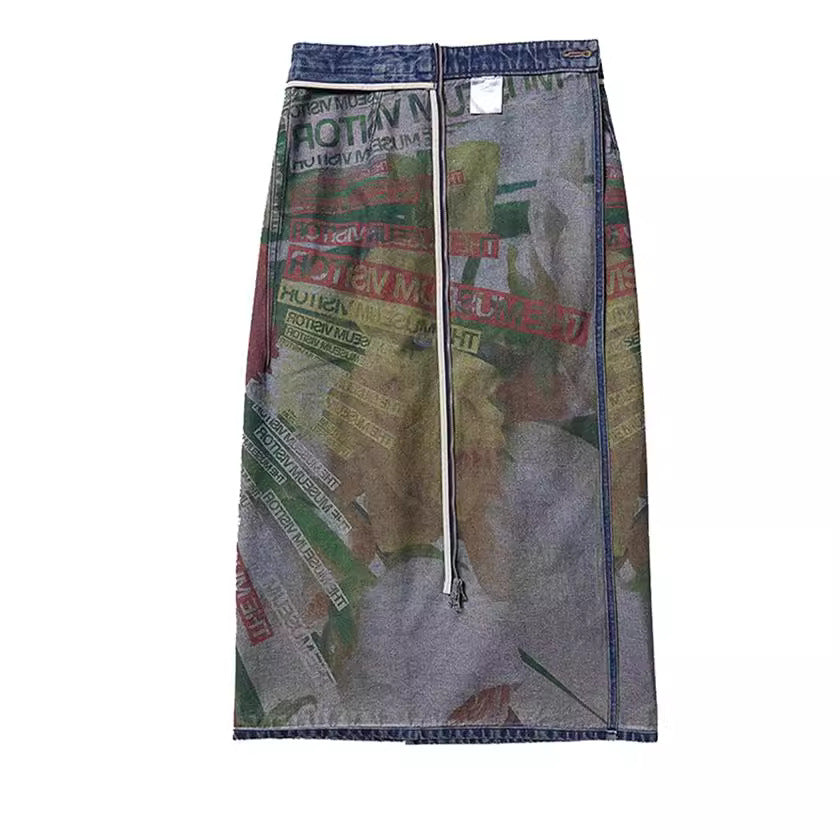 Artistic Reversible Slit Printed Y2K Denim Skirt