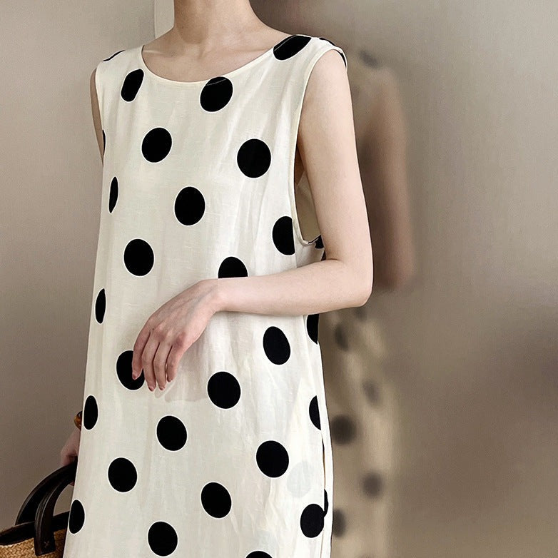 Linen Backless Drawstring Polka Dot Dress Sleeveless Long Dress