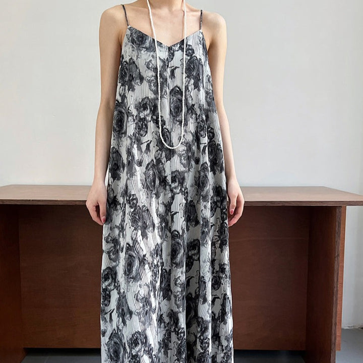 Pleated Crafted Rose Print Halter Vacation Long Dress