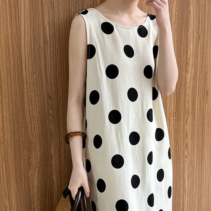 Linen Backless Drawstring Polka Dot Dress Sleeveless Long Dress