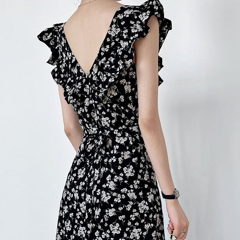 Square Neck Ruffle Floral Dress Hepburn Style Maxi Dresses