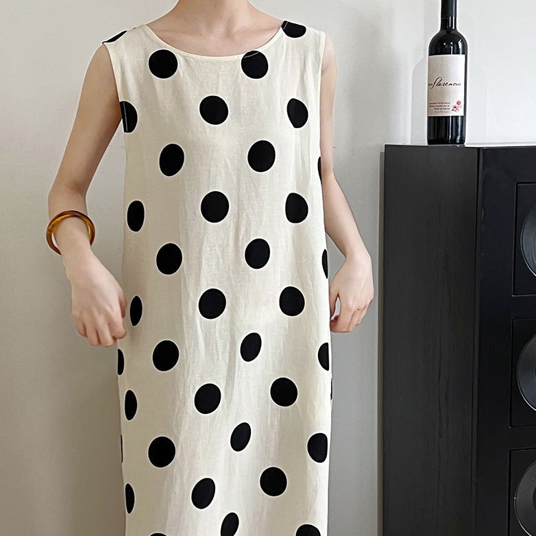 Linen Backless Drawstring Polka Dot Dress Sleeveless Long Dress