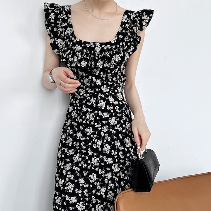 Square Neck Ruffle Floral Dress Hepburn Style Maxi Dresses