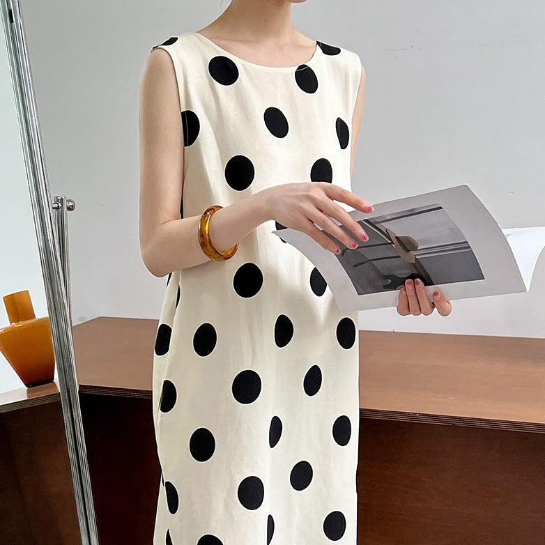 Linen Backless Drawstring Polka Dot Dress Sleeveless Long Dress