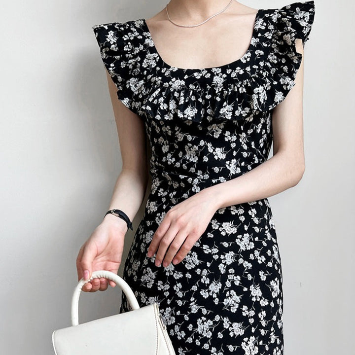 Square Neck Ruffle Floral Dress Hepburn Style Maxi Dresses