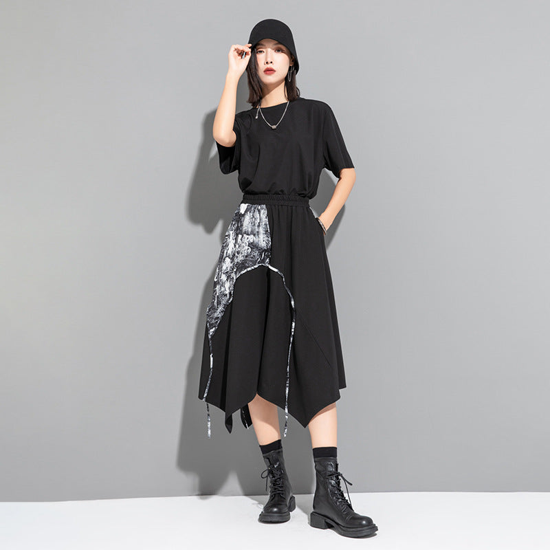 Ink Print Patchwork Irregular Mid-Length A-Line Skirt