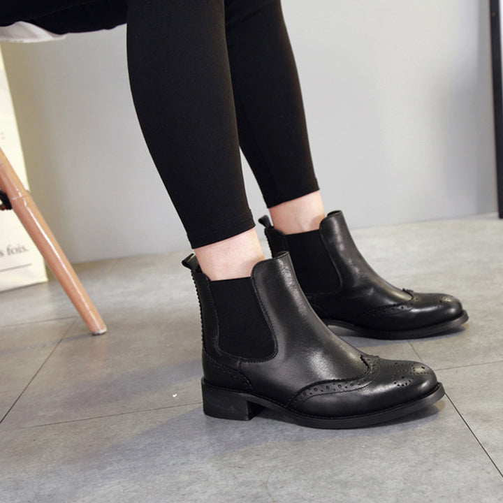 Women's Black Leather Ankle Boots Vintage Brogues Chelsea Boots