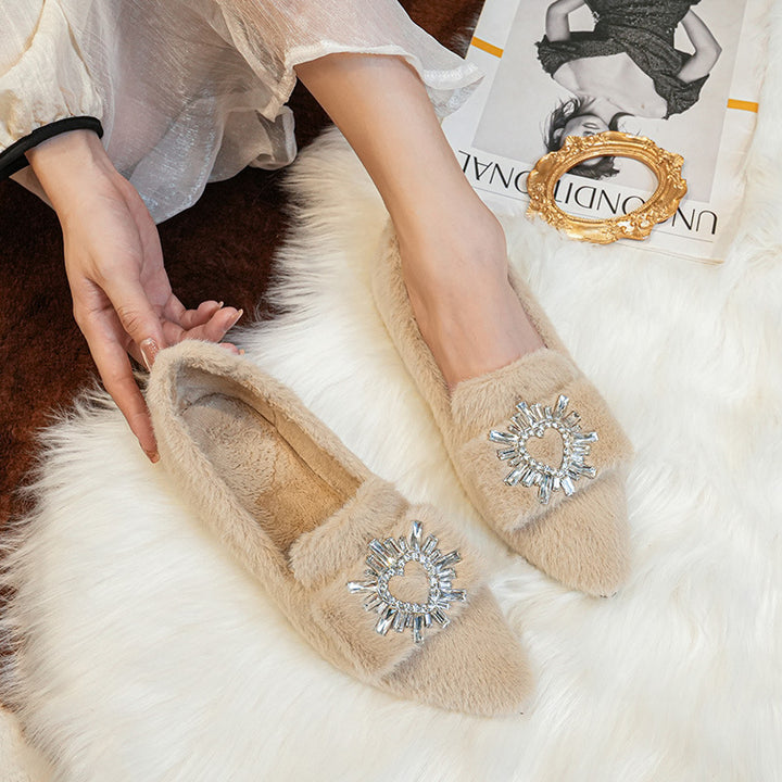 Women Faux-Fur Loafers Warm Winter Fleece Flat Pointed Rhinestones Casual Shoes