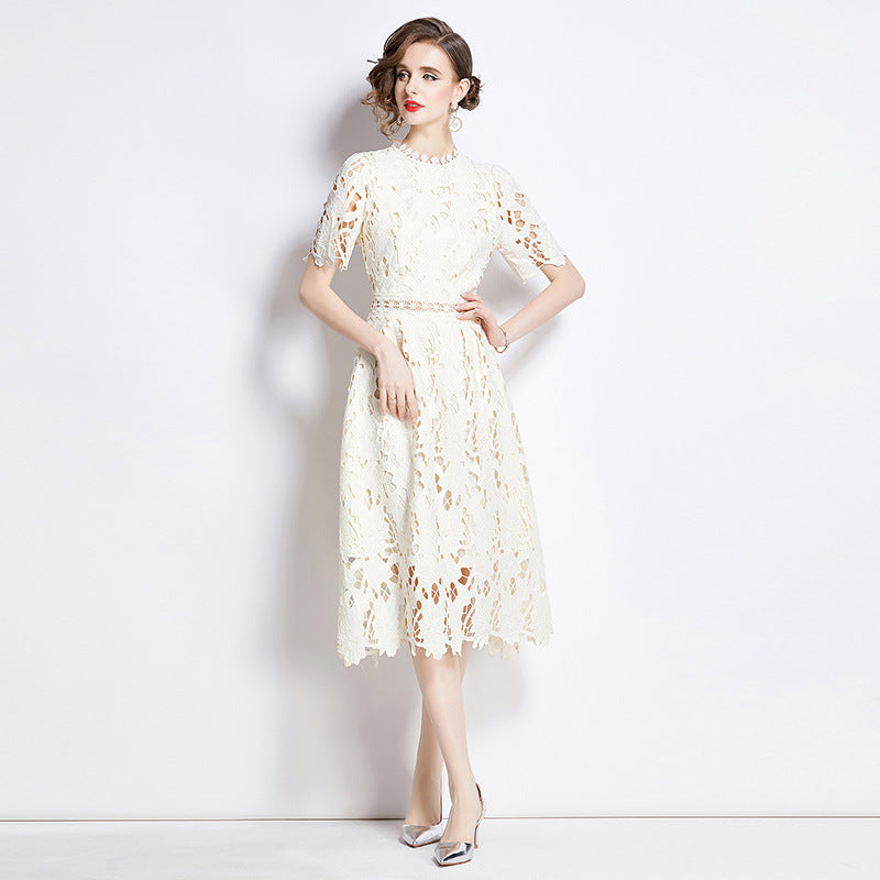 Short Sleeve Round Neck Slimming Mid Length A-line Hollow Lace Dress