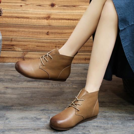 Women Vintage Autumn Soft Leather Lace-up Flat Boots