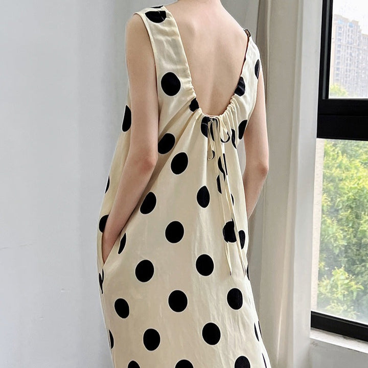 Linen Backless Drawstring Polka Dot Dress Sleeveless Long Dress