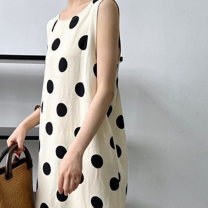 Linen Backless Drawstring Polka Dot Dress Sleeveless Long Dress