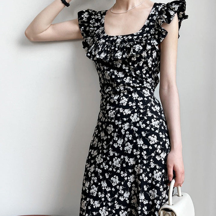 Square Neck Ruffle Floral Dress Hepburn Style Maxi Dresses