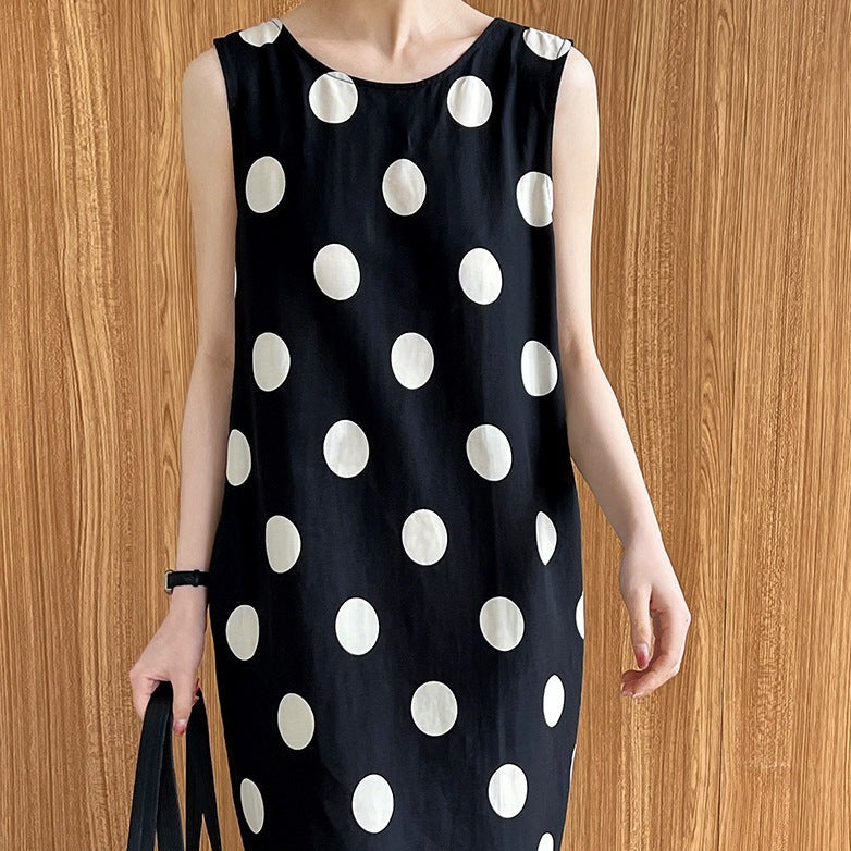 Linen Backless Drawstring Polka Dot Dress Sleeveless Long Dress