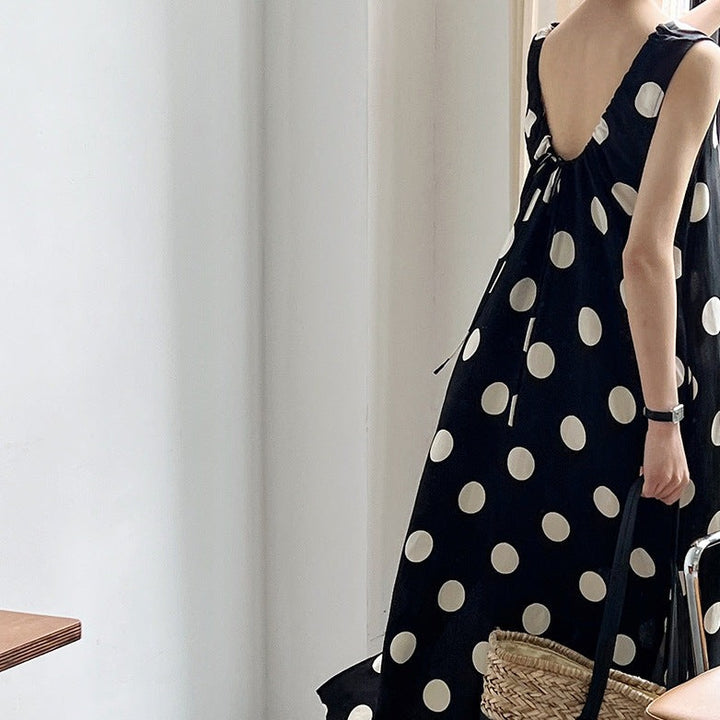 Linen Backless Drawstring Polka Dot Dress Sleeveless Long Dress