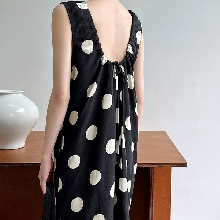 Linen Backless Drawstring Polka Dot Dress Sleeveless Long Dress