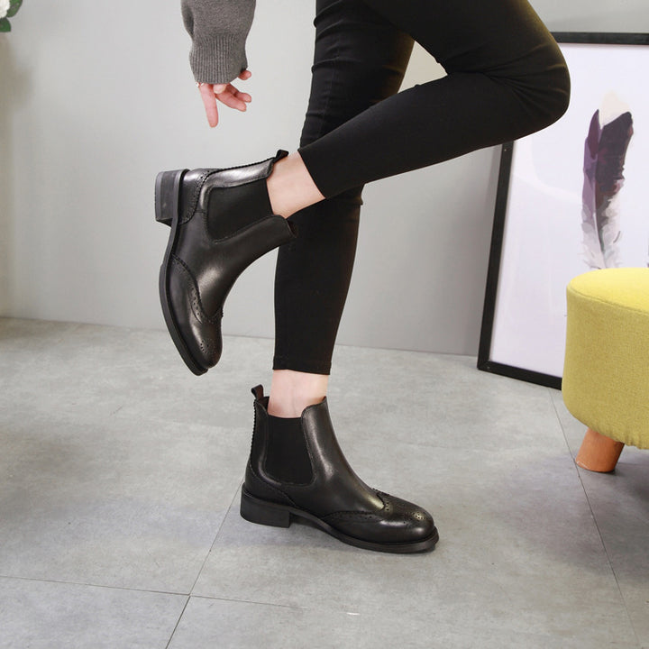 Women's Black Leather Ankle Boots Vintage Brogues Chelsea Boots