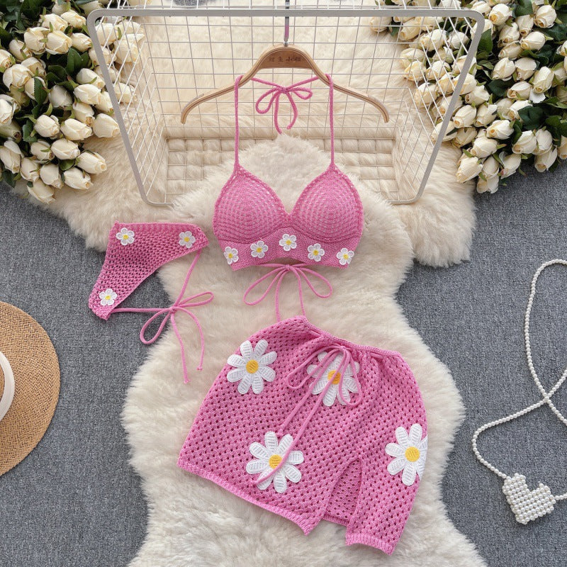 Cute Knitted Short Skirt Swimwear 3pcs for women