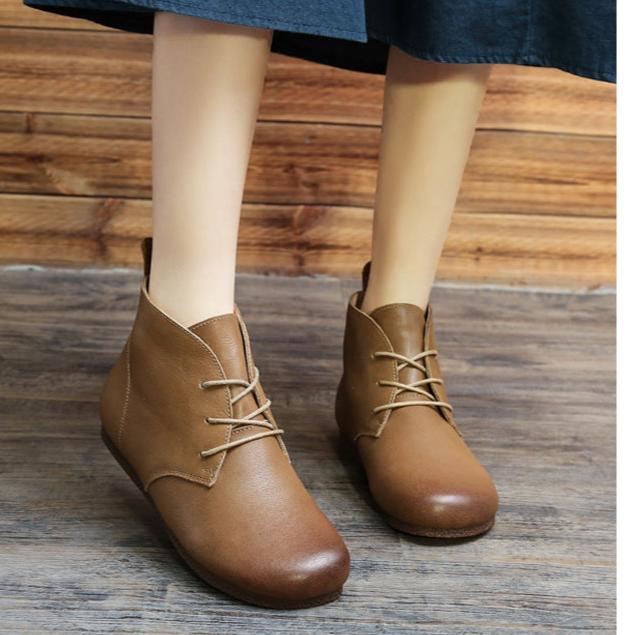 Women Vintage Autumn Soft Leather Lace-up Flat Boots