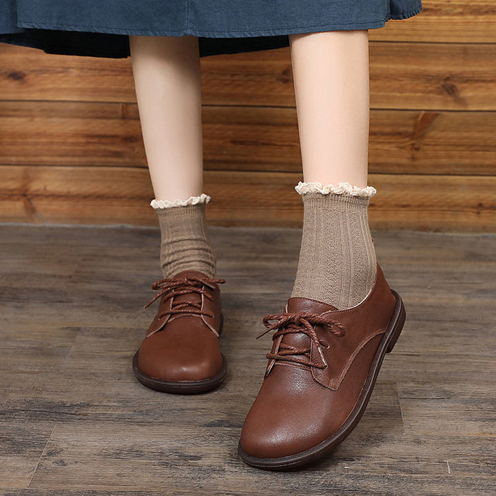 Leather Casual Loafers Lace Up Flats Shoes For Women